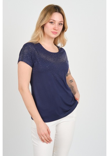 Ella Camelia Kadın Düşük Kollu Taş Süsleme Detaylı Bisiklet Yaka Bluz 24e116 Lacivert Lacivert