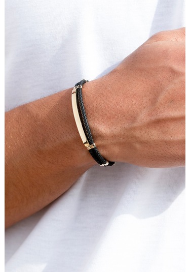 Cenova Kuyumculuk 14 Ayar Altın Çift Kordonlu Siyah Kauçuk Erkek Bileklik Siyah