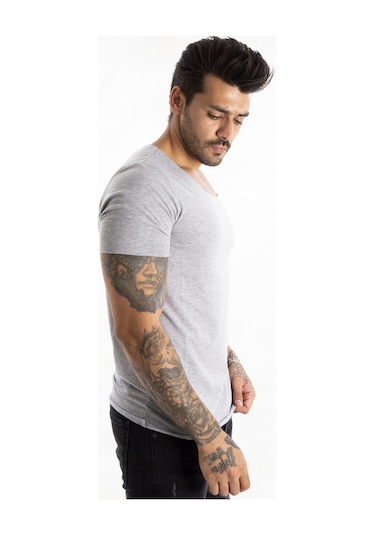 Deepsea Erkek Gri Geniş Yaka Likralı Tişört Oval Yaka Slim Fit Eteği Oval Açık Yaka T-shirt 1801199 Gri