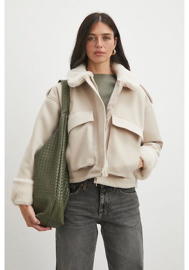 Apoletli Yünlü Körük Cepli Kaşe Mont Bej Bej