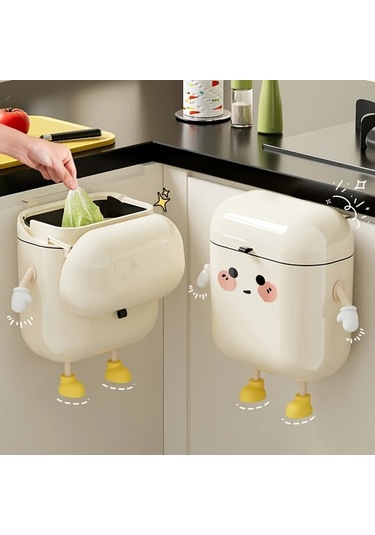 Honeybeeshop Sevimli Çizgi Film Tasarımlı 9l Asma Mutfak Çöp Kutusu Duvar Montaj Büyük Kapasiteli Koku Saklayan Su Geçirmez Plastik 10l Siyah