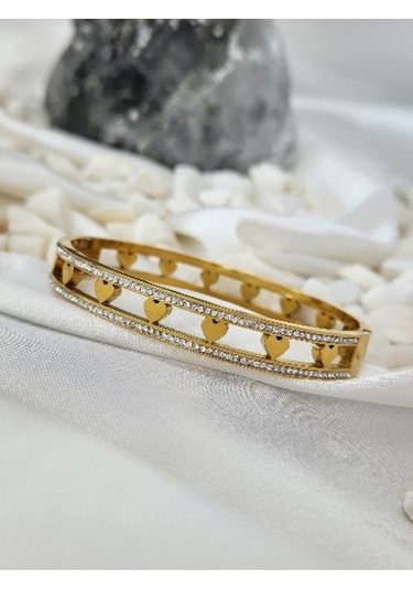 Eva Takı 316 l Çelik Kalp Model Zirkon Taşlı Altın Kaplama Gold Renkli Kelepçe Bileklik