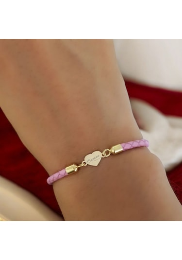 Archin Atatürk İmzası Temalı Kalp Figürlü 14 Ayar Altın Plakalı Pembe Derili Hediye Bileklik-473sembol Atatürk İmzası