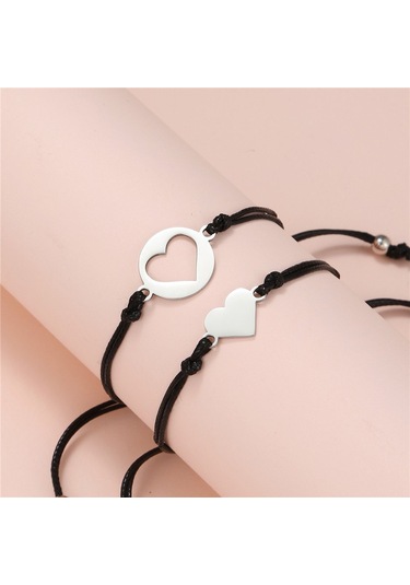 Tesbihane Siyah İp Zincirli 316l Kalite Çelik Kalp Tasarım 2li Bileklik Çelik