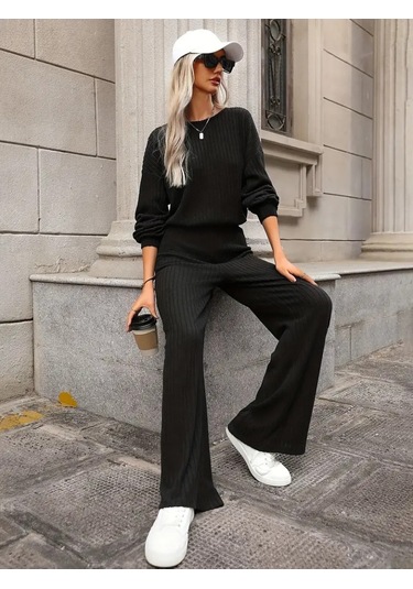 Ge Ticaret Kadın Uzun Kollu Bisiklet Yaka Şardonlu Dalgıç Bluz Ve Pantolon Ikili Takım Siyah