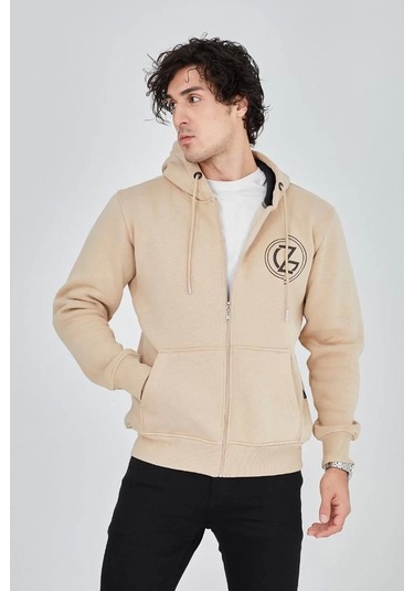 Erkek Kapüşonlu Baskılı Fermuarlı Hırka - Bej Bej