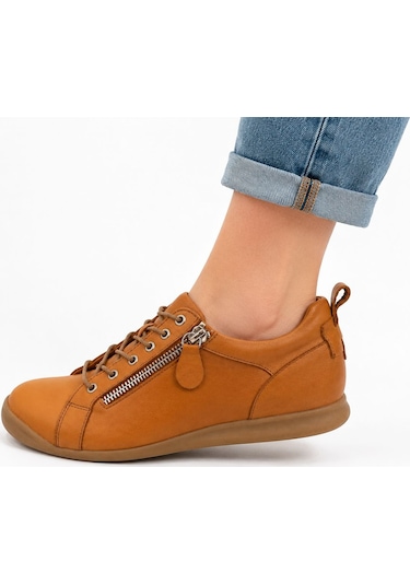 Papucumun Dünyası Kadın Hakiki Deri Yan Fermuar Detaylı Casual Sneaker Taba