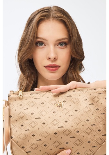 Deri Company Kadın Basic Clutch Çanta Monogram Desenli Altın 214002 Altın