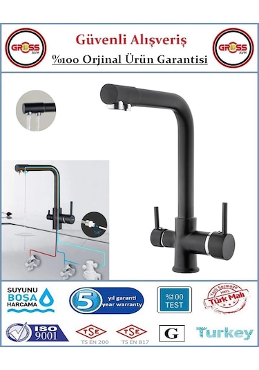 Uzay Su Arıtmalı Mutfak Evye Bataryası - 3 Yollu - Sıcak, Soğuk, Arıtma Çıkışlı Siyah