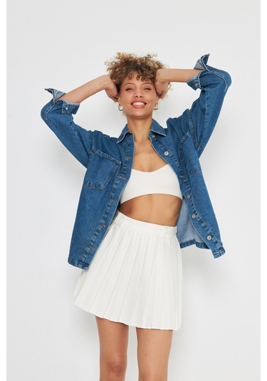 Kutaf Denim Klasık Cift Cepli Kot Gömlek Mavi