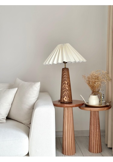 El Yapımı Ahşap Pileli Masa Lambası Abajur Krem  Krem Yükseklik Krem