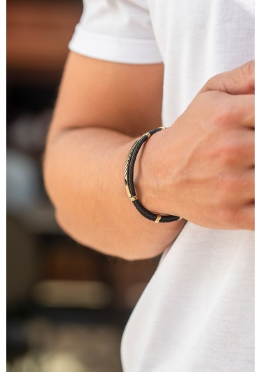 Cenova Kuyumculuk 14 Ayar Altın Siyah Örme Kauçuk Erkek Bileklik Siyah