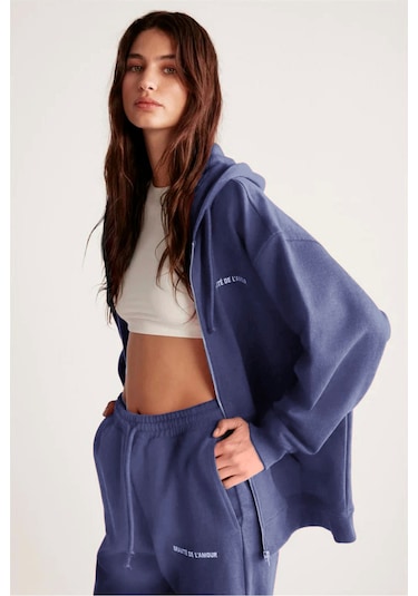 Ametıs Kadın Oversize Organik Pamuklu Metal Fermuarlı Kapüşonlu Lacivert Sweatshirt