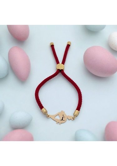 Archin L Harfine Özel Kırmızı Örgülü 14 Ayar Altın Plakalı Minik Kuş Motifli Hediye Bileklik-363harf L