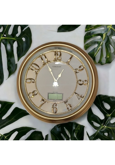 Termometreli Isı Ölçer Dijital Gold Salon Ofis Duvar Saati 47 cm Altın