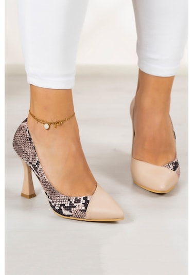 Jatqılı Plus Ten Yılan Kadeh Topuklu Ayakkabı Bej Yılan