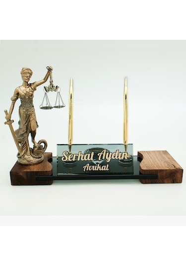 Avukatlara Özel İsimlik Adalet Themis Heykeli Masif Masa İsimliği