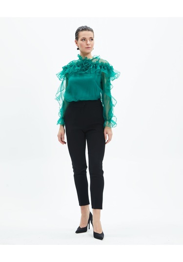 Kadın Volan Detaylı Şifon Bluz Çiçek Yaka Tasarım, Uzun Kollu Yeşil