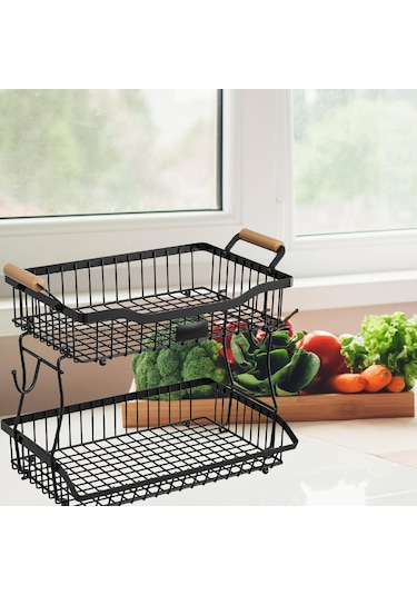 Suntek Otel Tezgah Üstü Mutfak Için 2 Katlı Meyve Sepeti Siyah