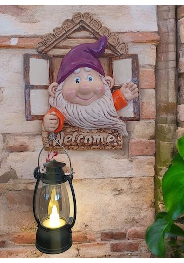 1 Adet Dekoratif Duvar Ve Bahçe Süsü Fenerli Sevimli Cüce Mor