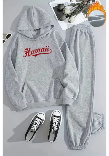 Unisex Kırmızı Hawai Baskılı Kapüşonlu Gri Eşofman Takımı - Kışlık Şardonlu Kumaş Gri