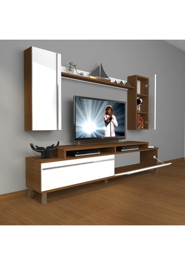 Decoraktiv Ekoflex 7 Mdf Krom Ayaklı Tv Ünitesi Tv Sehpası Ceviz - Beyaz