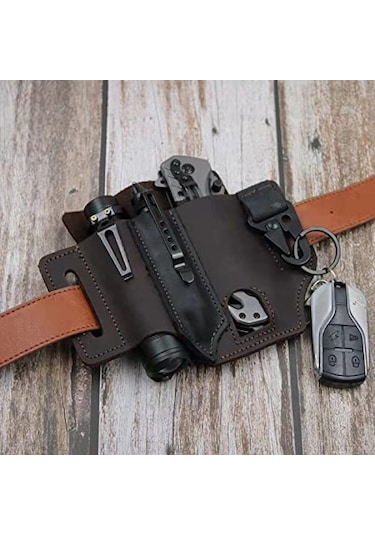 Geeksen Kemer İçin Çok Amaçlı Alet Kılıfı, Erkekler İçin Deri Edc Cep Düzenleyici, Kalemlikli Leatherman Kılıfı, Anahtarlık, El Feneri Kılıfı, Edc Deri Kese Kahverengi