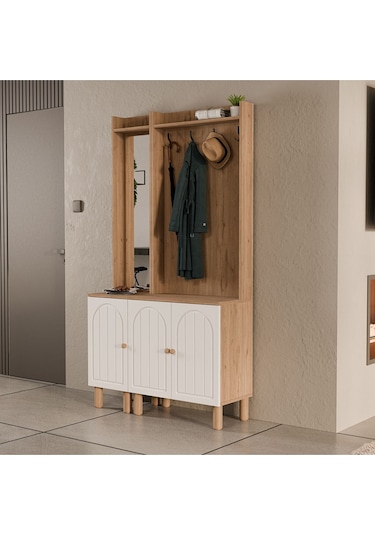 Set 5089-5072 Rapsody Sol Aynalı 3 Kapaklı Membran 4 Askılı Bohem Portmanto Sepet-beyaz Beyaz - Meşe