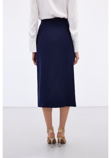Sateen Düğme Detaylı Kalem Etek - Lacivert-136779 Lacivert