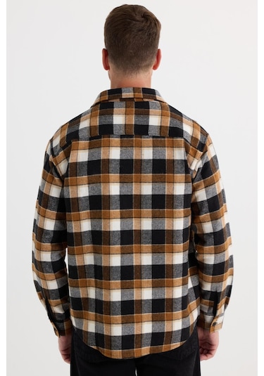 Relax Fit Rahat Kesim Çift Cep Kapaklı Kışlık Oduncu Kareli Erkek Gömlek-37808 Çok Renkli