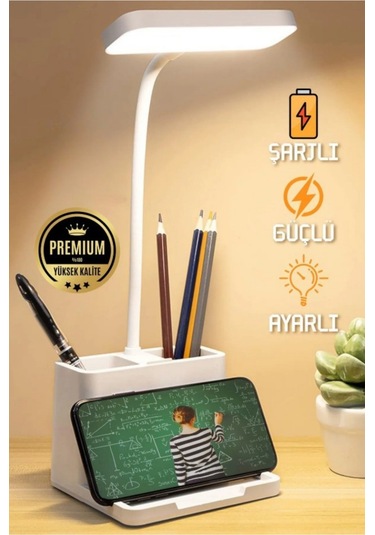 Şarjlı Masa Lambası - 3 Renk Dokunmatik Telefon Stantlı 460 Lümen Usb Şarjlı Göz Yormayan Işık Beyaz
