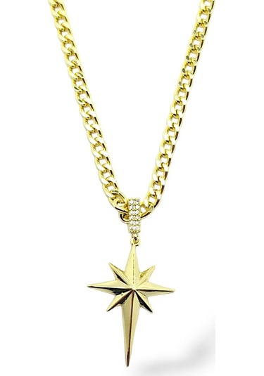 Kutup Yıldızı Parlak Taşlı Çelik Kolye Altın - Gümüş