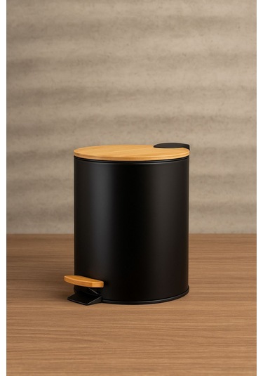 Bambu Kapaklı Pedallı Metal Çöp Kovası - 5 Lt. - Siyah Siyah