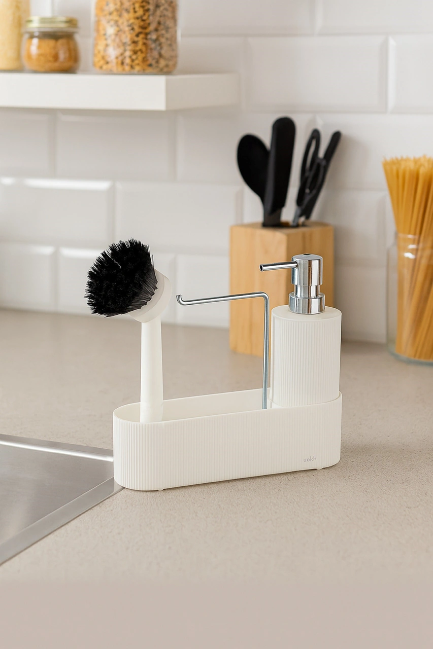 Mutfak Tezgahı Düzenleyici Set Sıvı Sabunluk Ve Bulaşık Fırçası Aparatlı Dc-6776 Beyaz