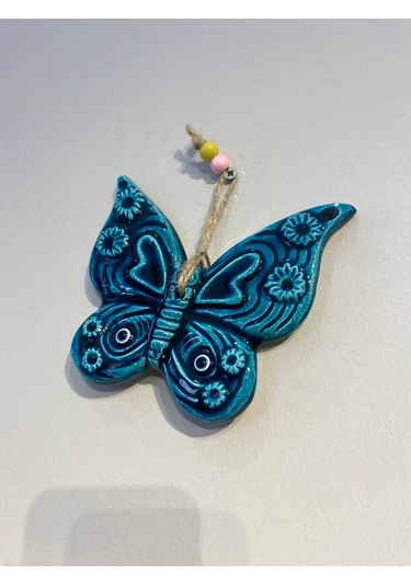 El Yapımı Nazar Boncuğu, Duvar Dekorasyon Ürünü, Seramik, El İşçiliği, Turkuaz Renkte Kelebek Desenli -