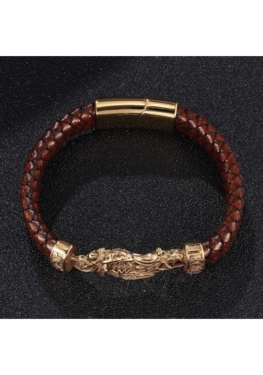 Vintage Punk Tarzı Erkek Bileklik Gerçek Deri Altın Rengi Motosiklet Paslanmaz Çelik Bileklikler Erkek Takıları Siyah