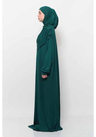 Pratik Tek Parça Pamuklu Yarasa Kollu Tak Çıkar Başörtülü Tesettür Namaz Elbisesi Yeşil Çok Renkli