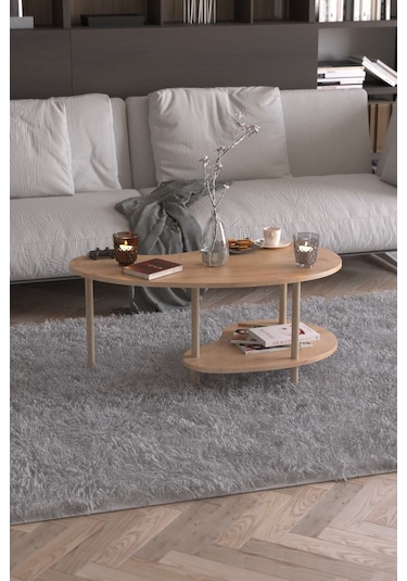 Fasülye Orta Sehpa Ahşap Ayaklı Sehpa Iki Raflı Sehpa Dekoratif Sehpa Gazetelikli - Safir Meşe