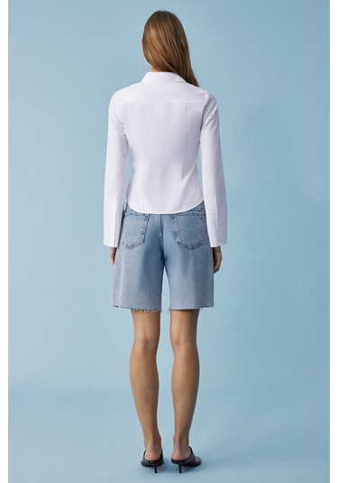 GRINNE Kadın Slim Gömlek Yaka Uzun Kollu İnce Uzun Beyaz Gömlek