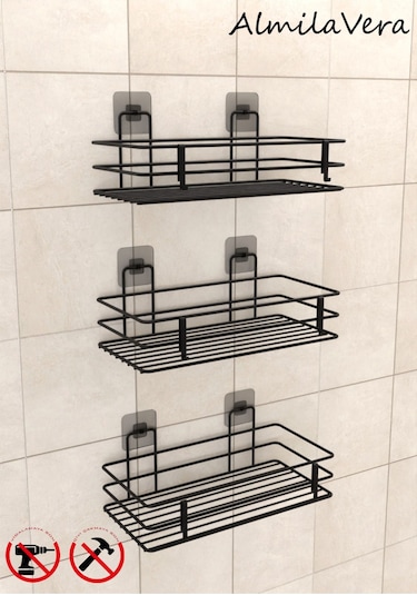 Güçlü Yapışkanlı Kancalı 3 Adet 3 Katlı Banyo Mutfak Düzenleyici Rafı Mat Siyah Renkli