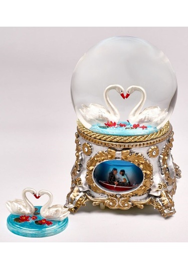 Kar Küresi Klasik Antik Büyük 120 Mm . El Boyaması,müzikli Ve Kendinden Üflemeli, Kuğu Çift