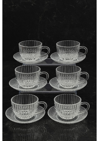 Elta Collection Cam Espresso & Türk Kahvesi Fincanı Seti 6 Kişilik Lüks Desenli Cam Bardak Takımı Çizgili Şeffaf