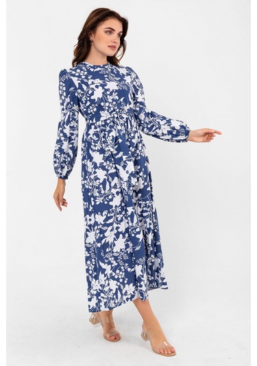 Yaprak Desenli Renkli Pamuklu Yazlık Baharlık Kuşaklı Elbise 2101 Lacivert