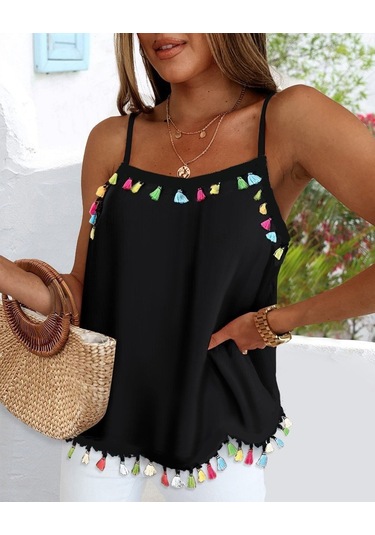 Leyla Sanat Sanata Yeni Bir Bakış Açısı Kadın Ip Askılı Püskül Detaylı Sandy Bluz Siyah