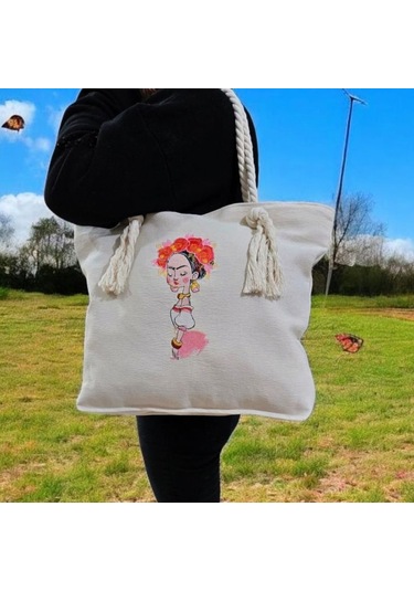 Bır Kadın Nakışlı Bez Çanta Naturel Ten