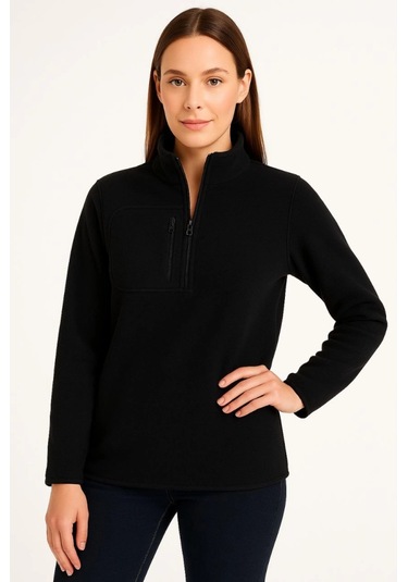 Polar Kazak Dik Yaka, Yarım Fermuarlı, Fermuarlı Göğüs Cepli, Siyah Biyeli, Kışlık Rahat Regular Fit Günlük Model - Siyah Siyah