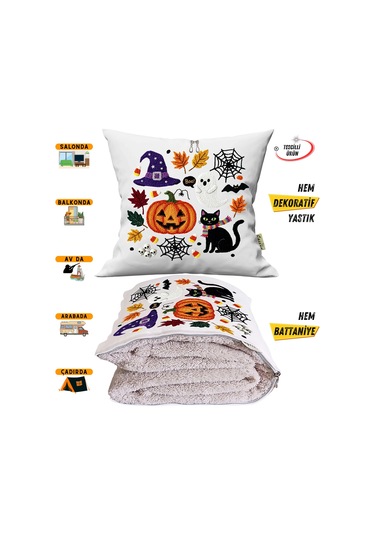 Cadılar Bayramı Temalı Nakışlı Efekt Baskılı Tv Battaniyesi Olabilen Dekoratif Yastık Battaniye Çok Renkli