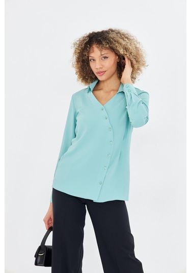 Asimetrik Pile Detay Gömlek Mint Yeşili Mint Yeşili