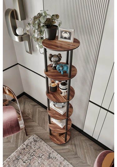 6 Katlı Dekoratif Yuvarlak Kitaplık Ceviz Ceviz