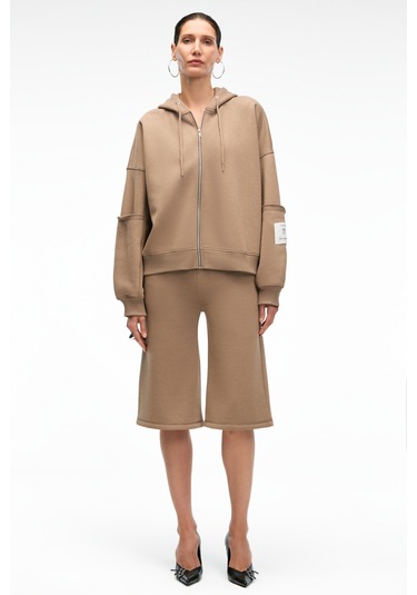 Grımelange Vıvıenne Kadın Metal Fermuarlı Kapüşonlu Kolda Süs Etiket Ve Cep Detaylı Vizon Sweatshirt Vizon